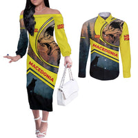 Macedonia Couples Matching Off The Shoulder Long Sleeve Dress and Long Sleeve Button Shirt with Forest Wolf and Sunset Silhouette Design - Wonder Print Shop