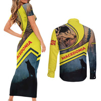 Macedonia Couples Matching Short Sleeve Bodycon Dress and Long Sleeve Button Shirt with Forest Wolf and Sunset Silhouette Design - Wonder Print Shop