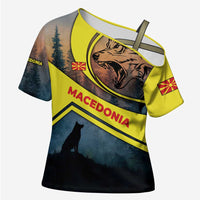 Macedonia Cross Shoulder Shirt with Forest Wolf and Sunset Silhouette Design - Wonder Print Shop