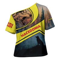 Macedonia Cross Shoulder Shirt with Forest Wolf and Sunset Silhouette Design - Wonder Print Shop