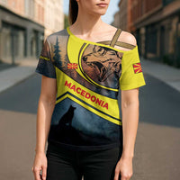 Macedonia Cross Shoulder Shirt with Forest Wolf and Sunset Silhouette Design - Wonder Print Shop