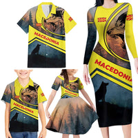 Macedonia Family Matching Long Sleeve Bodycon Dress and Hawaiian Shirt with Forest Wolf and Sunset Silhouette Design - Wonder Print Shop
