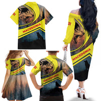 Macedonia Family Matching Off The Shoulder Long Sleeve Dress and Hawaiian Shirt with Forest Wolf and Sunset Silhouette Design - Wonder Print Shop
