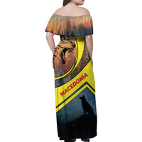 Macedonia Family Matching Off Shoulder Maxi Dress and Hawaiian Shirt with Forest Wolf and Sunset Silhouette Design - Wonder Print Shop