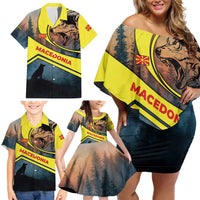 Macedonia Family Matching Off Shoulder Short Dress and Hawaiian Shirt with Forest Wolf and Sunset Silhouette Design - Wonder Print Shop