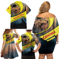 Macedonia Family Matching Off Shoulder Short Dress and Hawaiian Shirt with Forest Wolf and Sunset Silhouette Design - Wonder Print Shop
