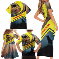 Macedonia Family Matching Short Sleeve Bodycon Dress and Hawaiian Shirt with Forest Wolf and Sunset Silhouette Design - Wonder Print Shop