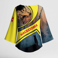 Macedonia Kimono Sleeve Blouse with Forest Wolf and Sunset Silhouette Design - Wonder Print Shop