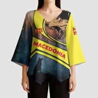 Macedonia Kimono Sleeve Blouse with Forest Wolf and Sunset Silhouette Design - Wonder Print Shop