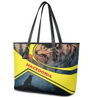Macedonia Leather Tote Bag with Forest Wolf and Sunset Silhouette Design - Wonder Print Shop