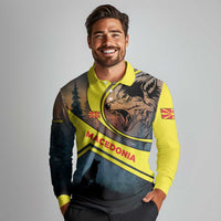 Macedonia Long Sleeve Polo Shirt with Forest Wolf and Sunset Silhouette Design - Wonder Print Shop