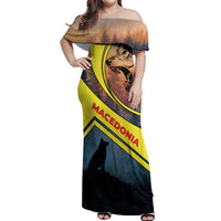 Macedonia Off Shoulder Maxi Dress with Forest Wolf and Sunset Silhouette Design - Wonder Print Shop