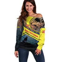 Macedonia Off Shoulder Sweater with Forest Wolf and Sunset Silhouette Design - Wonder Print Shop