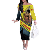 Macedonia Off The Shoulder Long Sleeve Dress with Forest Wolf and Sunset Silhouette Design - Wonder Print Shop