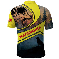 Macedonia Polo Shirt with Forest Wolf and Sunset Silhouette Design - Wonder Print Shop
