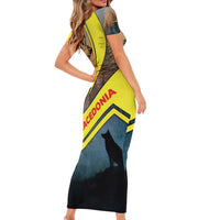 Macedonia Short Sleeve Bodycon Dress with Forest Wolf and Sunset Silhouette Design - Wonder Print Shop