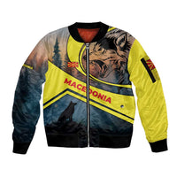 Macedonia Sleeve Zip Bomber Jacket with Forest Wolf and Sunset Silhouette Design - Wonder Print Shop