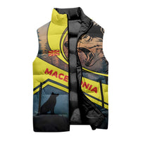 Macedonia Sleeveless Puffer Jacket with Forest Wolf and Sunset Silhouette Design - Wonder Print Shop