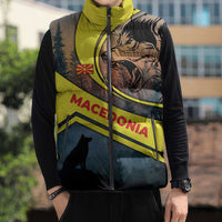 Macedonia Sleeveless Puffer Jacket with Forest Wolf and Sunset Silhouette Design - Wonder Print Shop
