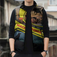 Macedonia Sleeveless Puffer Jacket with Forest Wolf and Sunset Silhouette Design - Wonder Print Shop