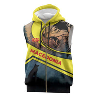 Macedonia Sleeveless Zip Hoodie with Forest Wolf and Sunset Silhouette Design - Wonder Print Shop