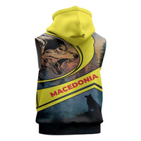 Macedonia Sleeveless Zip Hoodie with Forest Wolf and Sunset Silhouette Design - Wonder Print Shop