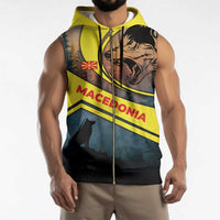 Macedonia Sleeveless Zip Hoodie with Forest Wolf and Sunset Silhouette Design - Wonder Print Shop