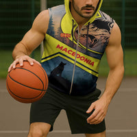 Macedonia Sleeveless Zip Hoodie with Forest Wolf and Sunset Silhouette Design - Wonder Print Shop