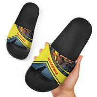 Macedonia Slide Sandals with Forest Wolf and Sunset Silhouette Design - Wonder Print Shop