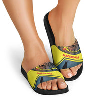 Macedonia Slide Sandals with Forest Wolf and Sunset Silhouette Design - Wonder Print Shop