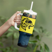 Macedonia Tumbler With Handle with Forest Wolf and Sunset Silhouette Design - Wonder Print Shop