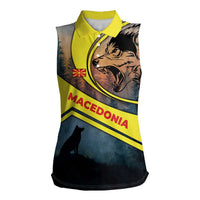 Macedonia Women Sleeveless Polo Shirt with Forest Wolf and Sunset Silhouette Design - Wonder Print Shop