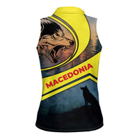 Macedonia Women Sleeveless Polo Shirt with Forest Wolf and Sunset Silhouette Design - Wonder Print Shop