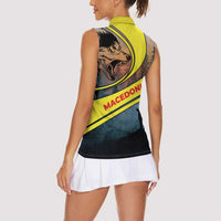 Macedonia Women Sleeveless Polo Shirt with Forest Wolf and Sunset Silhouette Design - Wonder Print Shop