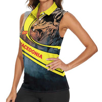 Macedonia Women Sleeveless Polo Shirt with Forest Wolf and Sunset Silhouette Design - Wonder Print Shop