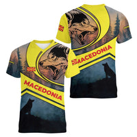 Macedonia Women V-Neck T-Shirt with Forest Wolf and Sunset Silhouette Design - Wonder Print Shop