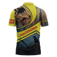 Macedonia Zipper Polo Shirt with Forest Wolf and Sunset Silhouette Design - Wonder Print Shop