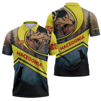 Macedonia Zipper Polo Shirt with Forest Wolf and Sunset Silhouette Design - Wonder Print Shop