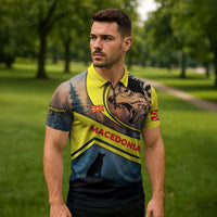 Macedonia Zipper Polo Shirt with Forest Wolf and Sunset Silhouette Design - Wonder Print Shop