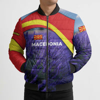 Macedonia Bomber Puffer Jacket with Lavender Field and Bloom Curve Design - Wonder Print Shop