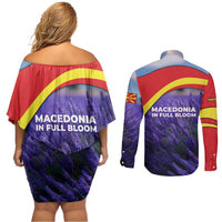 Macedonia Couples Matching Off Shoulder Short Dress and Long Sleeve Button Shirt with Lavender Field and Bloom Curve Design - Wonder Print Shop
