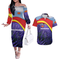 Macedonia Couples Matching Off The Shoulder Long Sleeve Dress and Hawaiian Shirt with Lavender Field and Bloom Curve Design - Wonder Print Shop