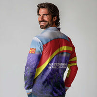 Macedonia Long Sleeve Polo Shirt with Lavender Field and Bloom Curve Design - Wonder Print Shop