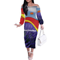 Macedonia Off The Shoulder Long Sleeve Dress with Lavender Field and Bloom Curve Design - Wonder Print Shop