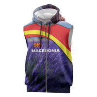 Macedonia Sleeveless Zip Hoodie with Lavender Field and Bloom Curve Design - Wonder Print Shop