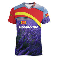 Macedonia Women V-Neck T-Shirt with Lavender Field and Bloom Curve Design - Wonder Print Shop