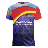 Macedonia Women V-Neck T-Shirt with Lavender Field and Bloom Curve Design - Wonder Print Shop