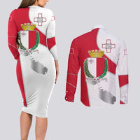 Malta Couples Matching Long Sleeve Bodycon Dress and Long Sleeve Button Shirt with Coat of Arms and Island Map Design - Wonder Print Shop