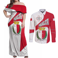 Malta Couples Matching Off Shoulder Maxi Dress and Long Sleeve Button Shirt with Coat of Arms and Island Map Design - Wonder Print Shop