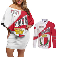 Malta Couples Matching Off Shoulder Short Dress and Long Sleeve Button Shirt with Coat of Arms and Island Map Design - Wonder Print Shop